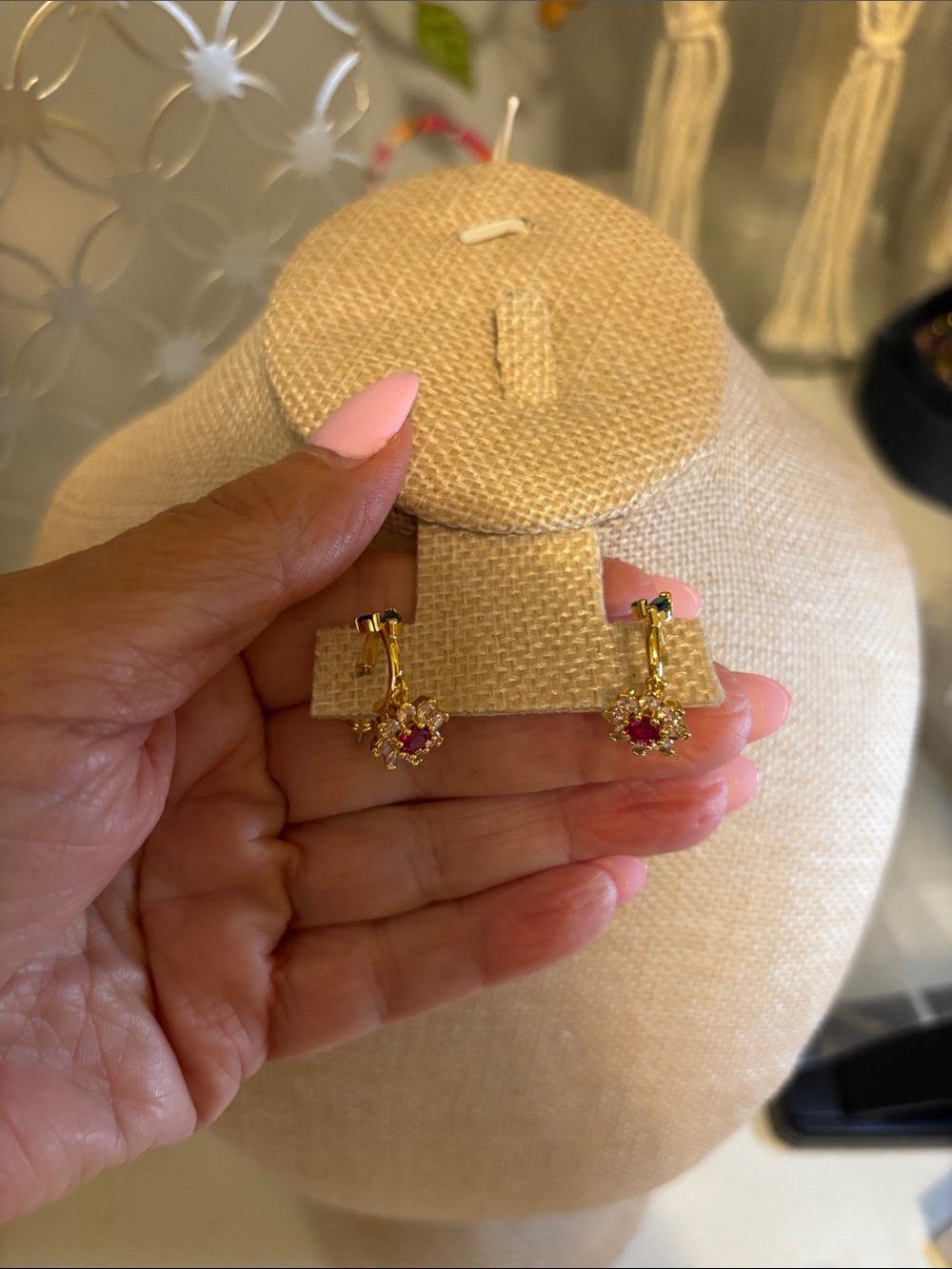 Gold-Tone Pink Crystal Flower Drop Earrings